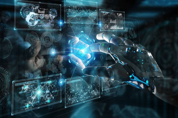 机器人手和人的手接触数字图形界面上的黑暗背景3d 渲染