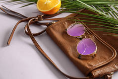 时尚的太阳镜与女性包和热带叶子在颜色背景