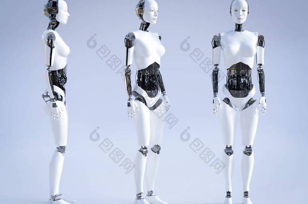 3d 渲染<strong>女性</strong>机器人站立, 三个不同的角度.