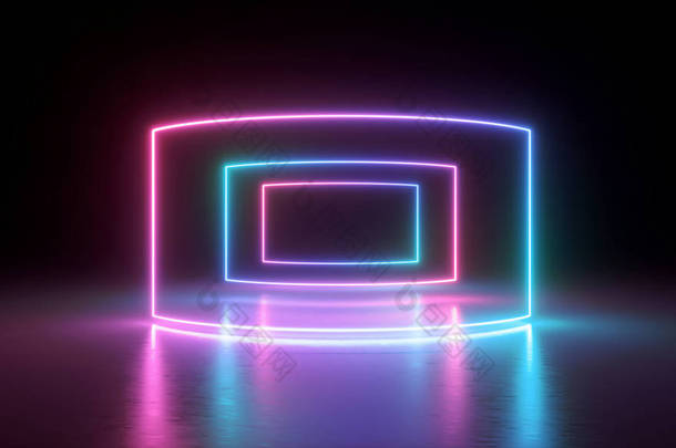 3d 渲染, 霓虹灯, 抽象紫外线背景, 虚拟现实屏幕, <strong>激光显示</strong>, 矩形空白框架, 隧道, 发光线, 地板反射, 充满活力的颜色