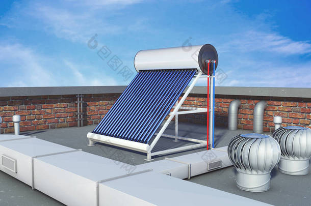 屋顶太阳能<strong>热水器</strong>，替代能源。3d 渲染