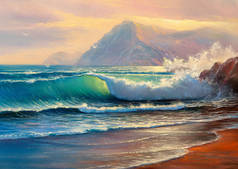 独具匠心的油画。大海上的金色落日。现代印象主义.