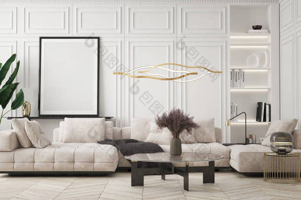 在现代家庭内部背景、客厅、简约风格、 3D渲染、 3D插图中模仿海报框架