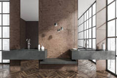 明亮的浴室内部与双水池，混凝土棕色墙，镜子，全景窗与摩天大楼的观点和木制花篮地板。卫生和温泉保健程序的概念。3d渲染