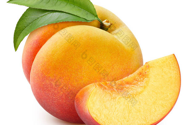 新鲜的荷叶桃子。被白色背景隔离的桃子。采摘小径桃子Peach宏工作室照片