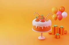 橙色蛋糕生日、周年纪念日和活动派对，配有礼品盒和可爱的气球彩绘3D插图