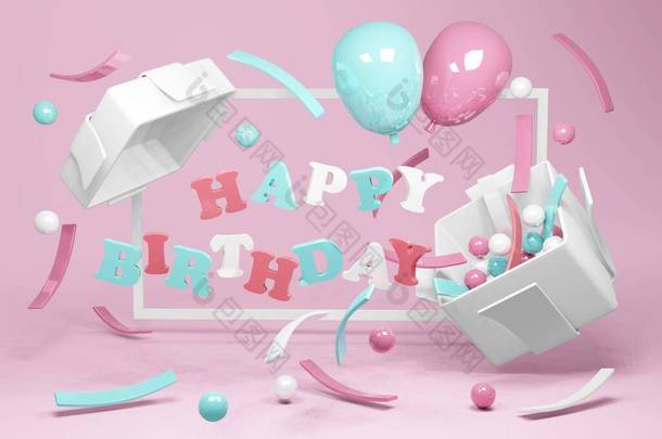 3D渲染生日快乐的概念。现实的蓝色和粉色的意大利面气球和意大利面从礼品盒里飘扬出来，上面有快乐的生日背景。3D渲染。3D插图.