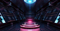 蓝色和粉色宇宙飞船内部有照明投影仪。空间站的未来派走廊，背景为发光的霓虹灯。3d渲染