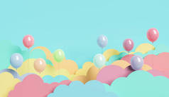 孩子们的背景，中间有彩色的扁平的云彩和气球。复制空间。3d渲染