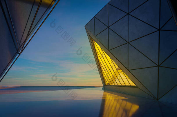 现代三角形<strong>造型</strong>设计采用玻璃、混凝土和钢结构的现代建筑外墙.夜景。<strong>照片</strong>逼真3D渲染.