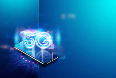 智能手机发光5G全息图，移动技术，创意背景。5G网络概念，高速移动互联网，新一代网络。混合媒体。3D渲染，3D插图