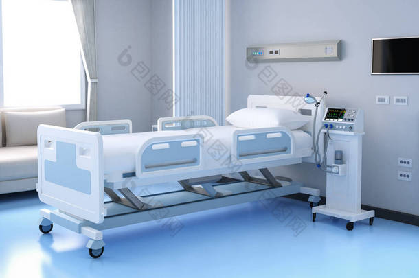 带卧床和<strong>呼吸机</strong>的康复室或住院室的医院室内3D化