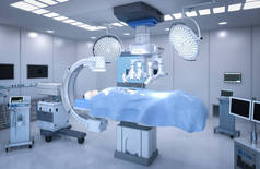 三维C臂机械和外科机器人在医院手术室的渲染