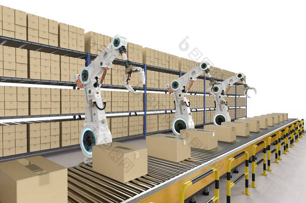 工厂输送<strong>机</strong>生产线上装有盒子的3D渲染<strong>机</strong>器人的自动化工厂概念