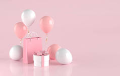 Festive background with gifts and balloons. 3D illustration