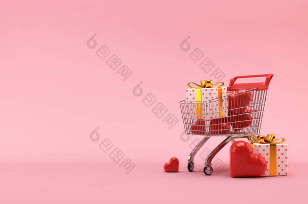 Shopping cart, trolley with gift boxes and hearts on pink background with free space for text, copy 