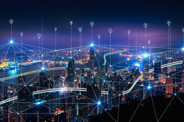 智能连接网络系统，智能城市网络概念，5G无线连接.