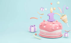 三维渲染的油腻的生日蛋糕党与蜡烛1号与复制空间蓝色背景。3D渲染示例.