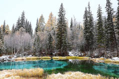 间歇泉蓝湖阿尔泰冬季风景山湖温泉