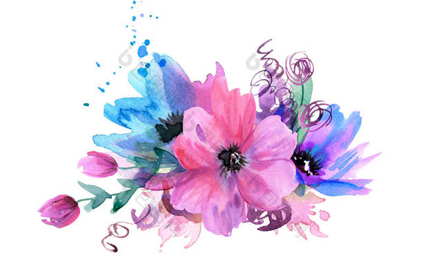 可爱的水彩花,粉色和蓝色的花.设计请柬、贺卡