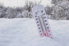 摄氏度或华氏白雪中的低温温度计.