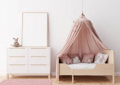 现代儿童房白墙上空旷的垂直画框.用丑闻式的模仿室内环境.免费，复制空间为您的照片。床，控制台，玩具。孩子们的舒适房间。3D渲染.