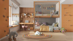 现代儿童卧房，双层床为橙色和柔和色调，软垫地板，大窗户与长椅和百叶窗，书桌，地毯与玩具，枕头和绒毛。舒适的室内设计