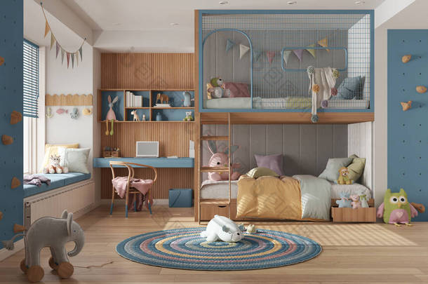 现代儿童卧房，带蓝色和<strong>淡黄</strong>色的双层床，软垫地板，有长椅和百叶窗的大窗户，书桌，有玩具的地毯，枕头和羽绒被。舒适的室内设计