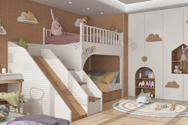 现代木制儿童卧室，色调洁白柔和，有梯子和滑梯的<strong>双层</strong>床，软垫地板，有椅子和笔记本电脑的书桌，圆形地毯，玩具和装饰。室内设计