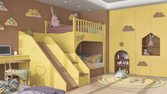 现代木制儿童卧室，色调为黄色和淡黄色，有梯子和滑梯的双层床，软垫地板，有椅子和笔记本电脑的书桌，圆形地毯，玩具和装饰。室内设计