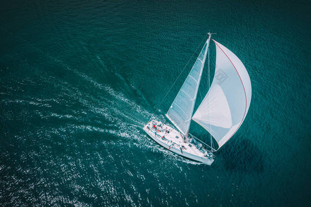 在开阔的海面上,雷纳塔帆船用白色帆航行.风貌下帆船的航景.