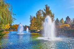位于乌克兰Mezhyhirya的风景秀丽的秋天公园，湖面上有喷泉，树上有彩色的桦树和松树，水面上也有倒影