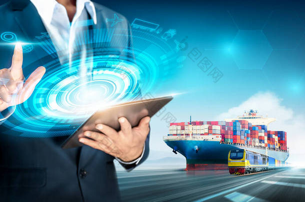 智能物流和运输进出口概念，全球商业物流网络分配货轮，货机，货运列车，集装箱卡车工业港口背景