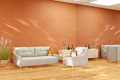 Interior of a living room with large wall mirror and terra cotta wall, 3d rendered illustration.