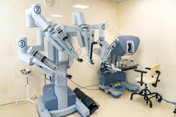 Modern robotic surgery equipment. Scientific surgical robot da vinci.