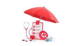 3D. stethoscope, syringe, red heart and check list under yellow umbrella