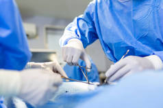 外科手术。一组外科医生带着手术器械在手术室里.医疗背景，有选择的重点。医生团队在手术过程中一起工作