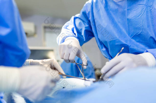 外科手术。一组外科医生带着手术器械在手术室里.医疗背景，有选择的重点。医生团队在手术过程中一起工作