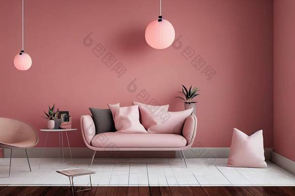 3D渲染，客厅内墙模型与彩色珊瑚粉红色扶手椅，圆形枕头，吊灯，桌子和植物在空米黄色墙背景.