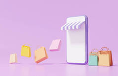 购物袋浮动和商店在智能手机网上购物的概念。紫色背景最小，折扣，促销，销售，横幅，网站。3D渲染。图例.