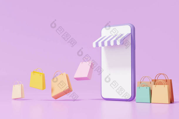 购物袋浮动和商店在智能<strong>手机网</strong>上购物的概念。紫色背景最小，折扣，促销，销售，横幅，网站。3D渲染。图例.