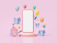 手机模拟空白屏和气球漂浮在粉色背景、打折、促销、网站、网上购物的概念。3D渲染幻觉