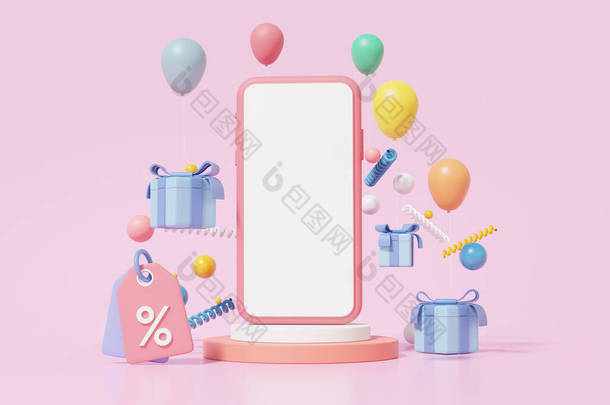 <strong>手机模拟</strong>空白屏和气球漂浮在粉色背景、打折、促销、网站、网上购物的概念。3D渲染幻觉
