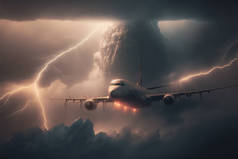 Big plane coming out of heavy thunder and lightning clouds