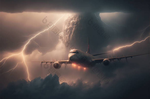 Big plane coming out of heavy thunder and lightning clouds