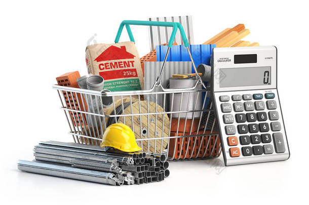 Shopping basket full of construction materials and tools with calculator. Calculating costs of const