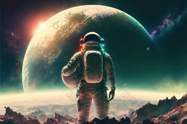 宇航员在有日出的月球上观看行星的图解。未来第一次载人地球任务，技术进步带来太空探索，殖民化。下载图像
