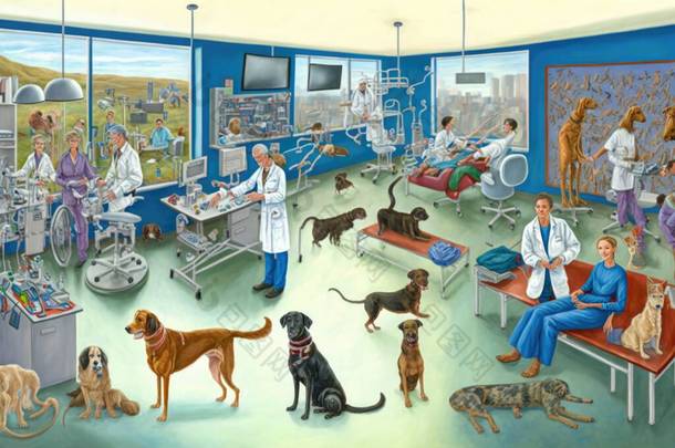 兽医办公室的一幅画，画中的狗和猫都在里面，还有一位医生在画中的背景极其精细，油画是一幅细致的画，是一幅天真的艺术