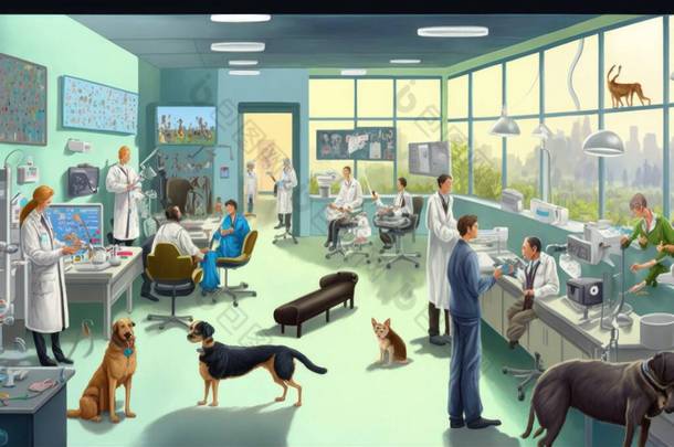 兽医在一间满是人的房间里与狗和猫一起画的一幅非常详细的数字绘画一幅细腻的毛皮画