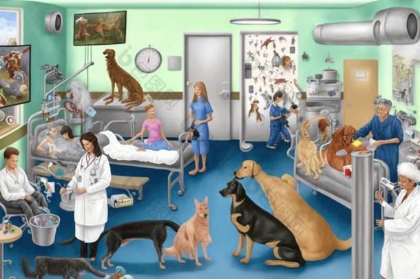 兽医办公室的一幅画，房间里有狗和猫，还有一个穿着实验室外套的女人，都是非常详细的数字艺术- -一本描绘天真艺术的故事书
